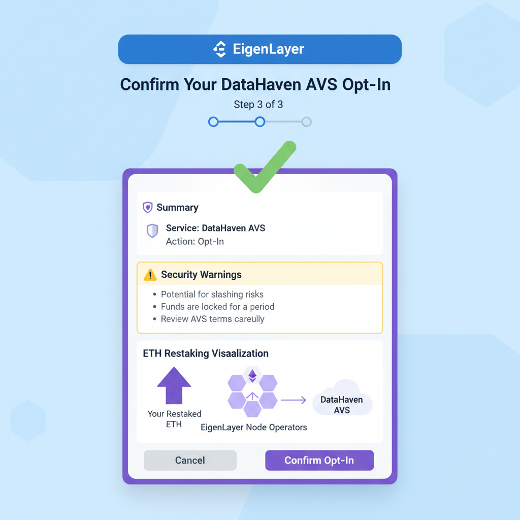 Confirmation screen for DataHaven AVS opt-in on EigenLayer, with security warnings and ETH restaking visualization