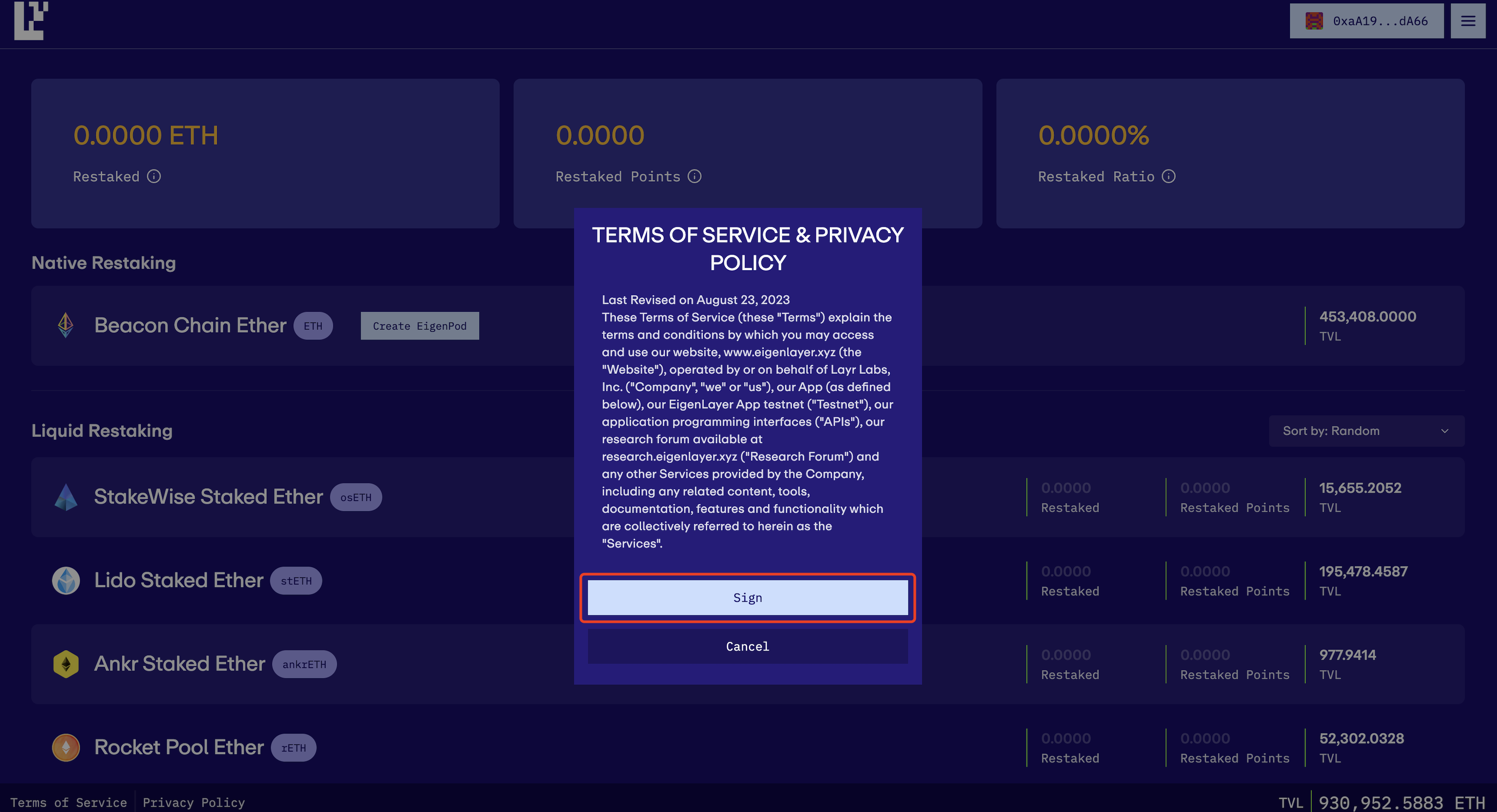 EigenLayer web app wallet connection
