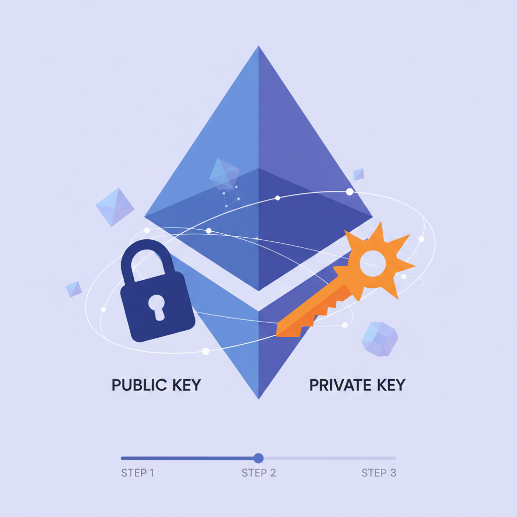 digital key generation animation, cryptographic keys floating, ethereum logo background
