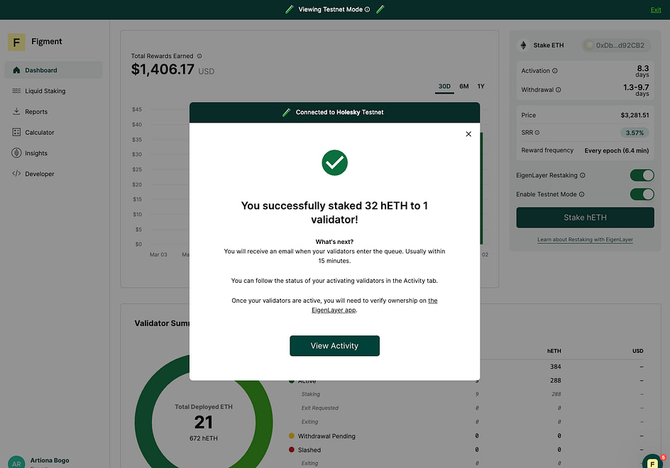 Ethereum validator dashboard displaying EigenLayer restaking rewards and validator performance metrics