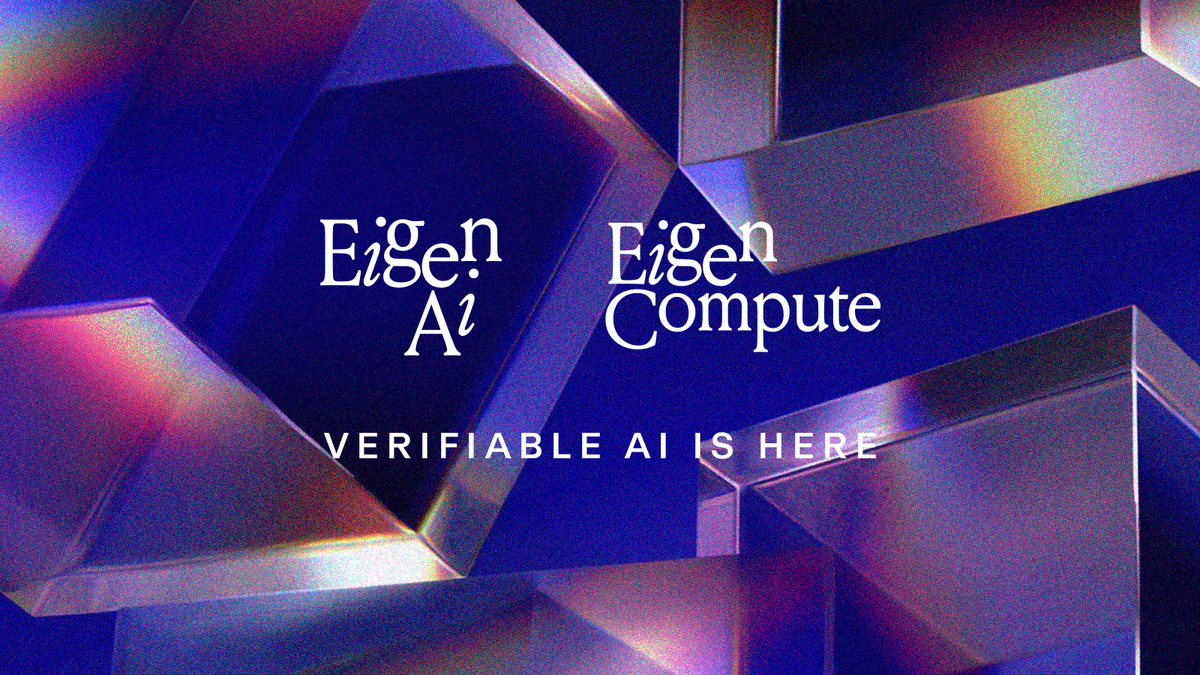 Diagram illustrating how EigenCloud connects restaking with verifiable AI compute on Ethereum, featuring interconnected nodes, blockchain elements, and AI symbols.
