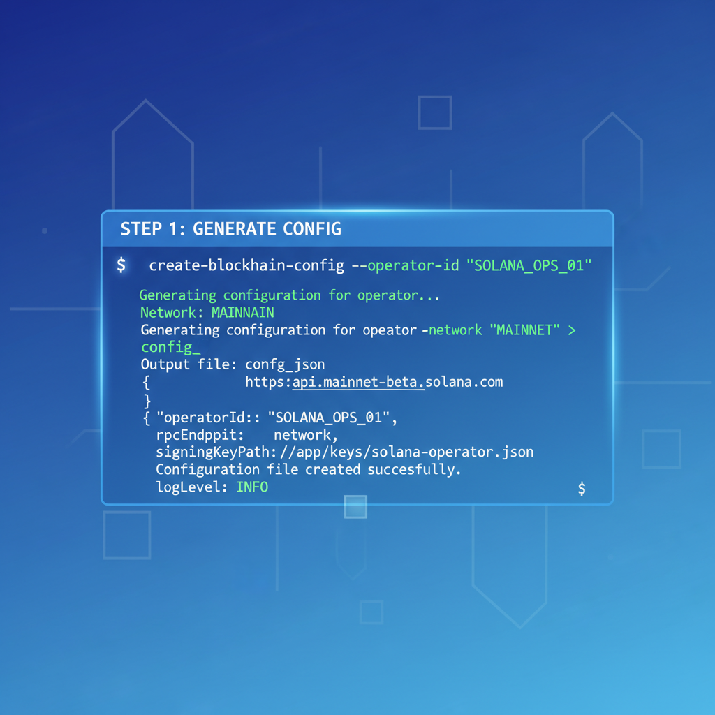 command line generating json config file, blockchain operator setup, glowing terminal
